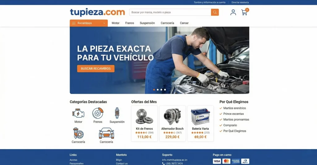 Captura de pantalla de la tienda online de recambios tupieza.com, mostrando buscador avanzado de piezas y categorías, un proyecto de desarrollo web de Nandx Media.