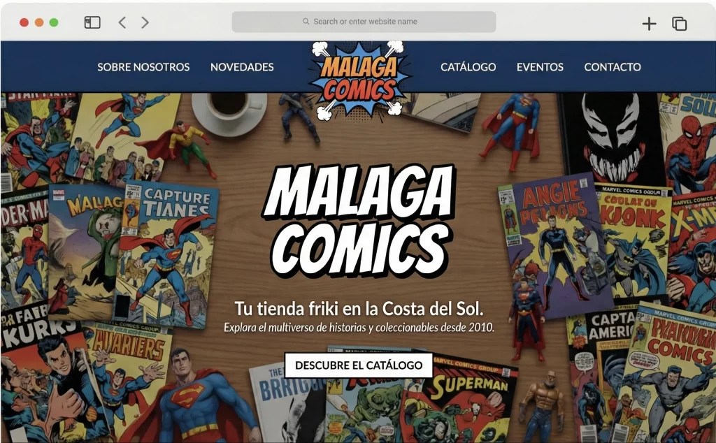 Alt Text: "Diseño de página web y ecommerce para la tienda Malaga Comics desarrollado por la agencia de marketing digital Nandx Media en Málaga.